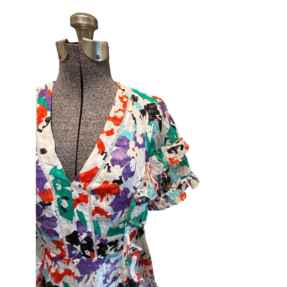 Tanya‎ Taylor Rhett Multi Floral Ruffle V-Neck Mini Dress Womens 2 New